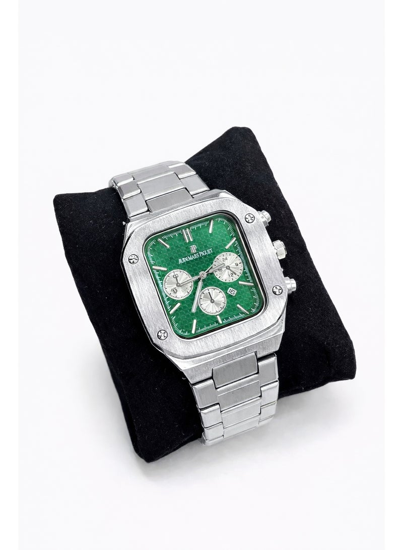 ساعة أوديمار بيغيه كرونوغراف مربعة الشكل للرجال مصنوعة من الفولاذ المقاوم للصدأ - مينا أخضر، حركة كوارتز